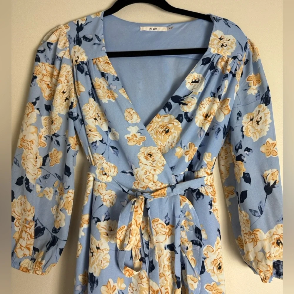 Mi Ami Women's Blue Yellow Floral Wrap Hi Low Midi Dress Size M - Picture 6 of 14